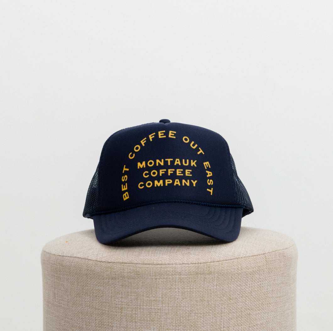 Best Coffee Out East Trucker in Navy/ Yellow