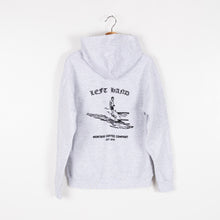 Load image into Gallery viewer, Image of a bGray Left Hand Coffee hoodie with a surfer on the back
