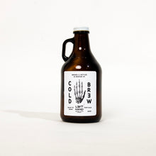 Load image into Gallery viewer, Image of a cold brew growler with a white label featuring the skeleton of a left hand
